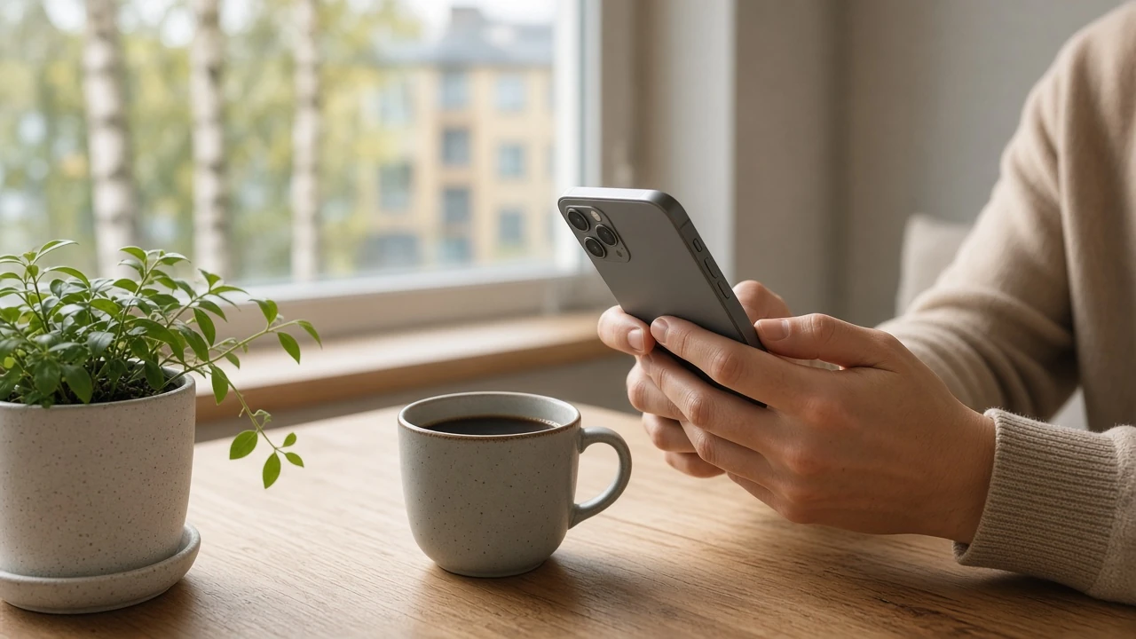 Händer som håller en smartphone vid ett träbord, nordisk inredning, digital betalning