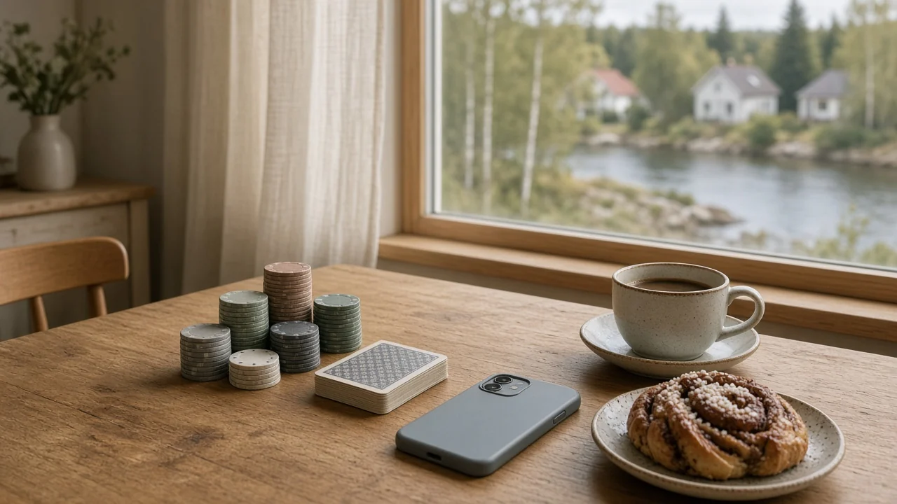 Svenskt casinobord med marker, kort och telefon i nordisk miljö