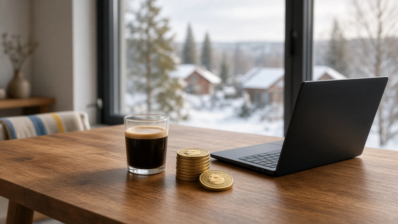 Modernt skandinaviskt skrivbord med Dogecoin-mynt och bärbar dator