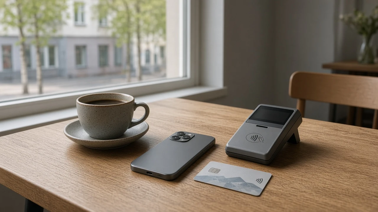 Smartphone och bankkort på ett svenskt kafébord vid kontaktlös betalning