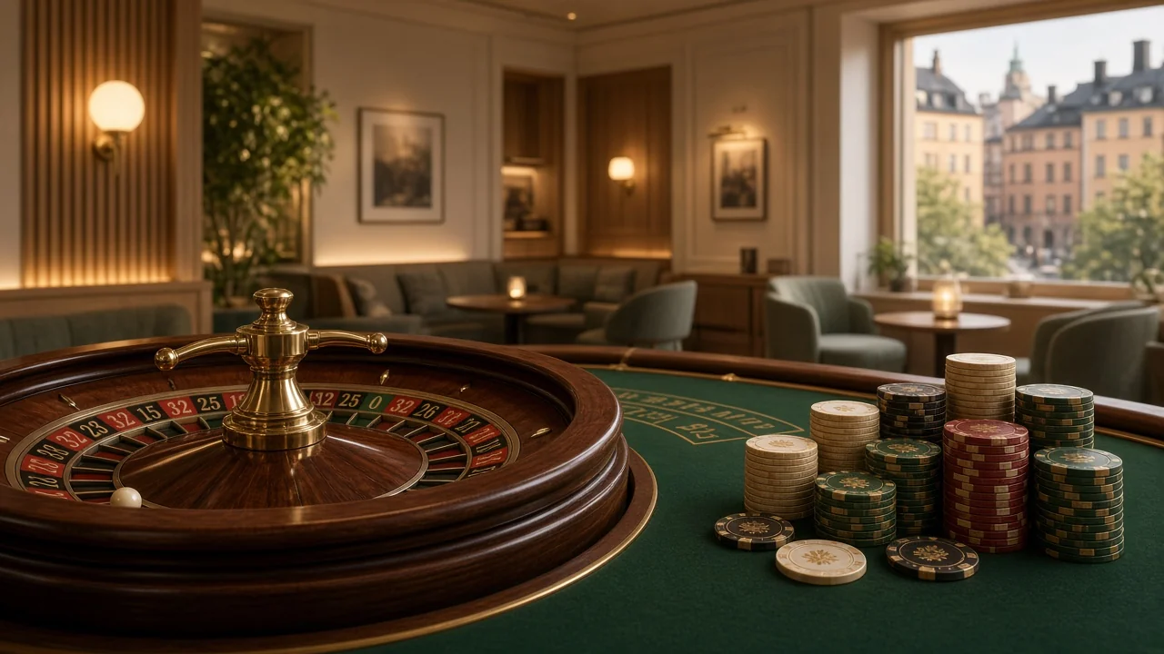Roulettebord med marker i ett svenskt casinorum med varm belysning