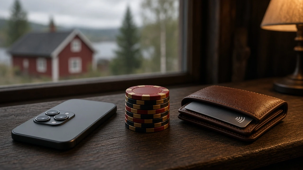 Casino-chips, mobil plånbok och kort på svenskt skrivbord