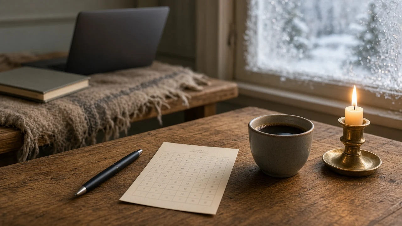 Kenobricka och kaffekopp på ett svenskt bord i varmt vinterljus