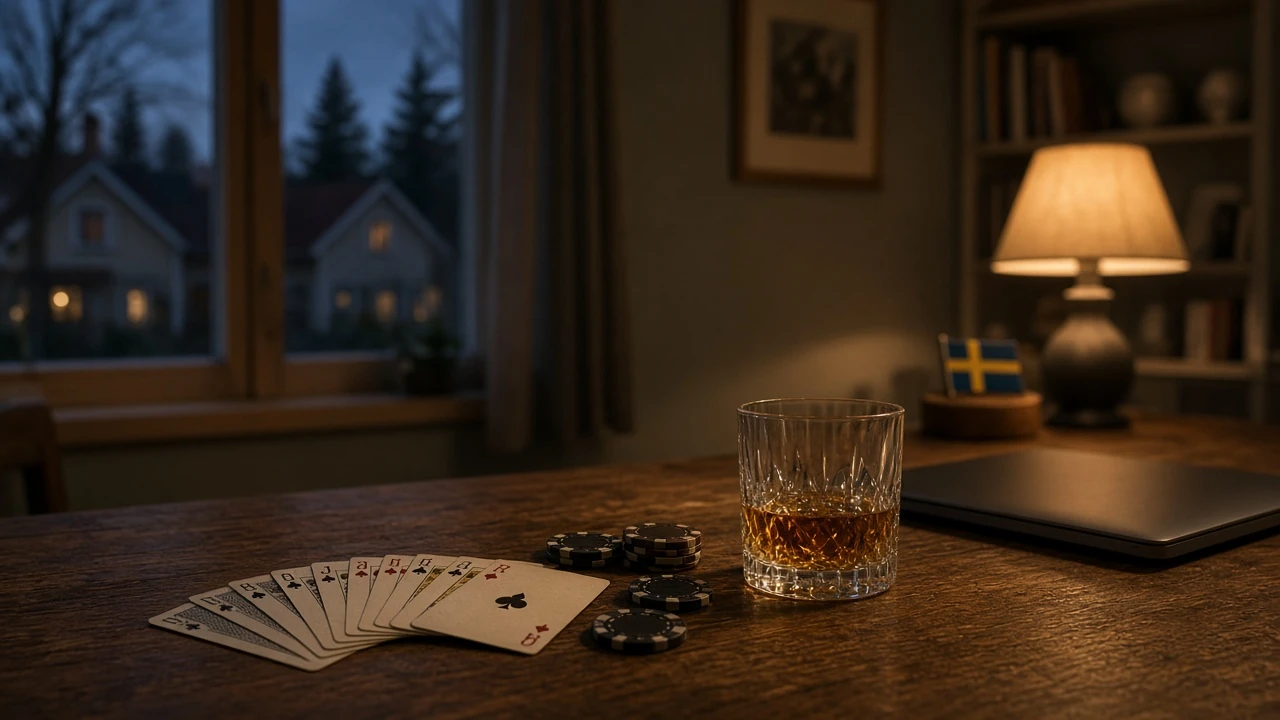 Kort och casinolever på ett träbord i ett mysigt svenskt rum