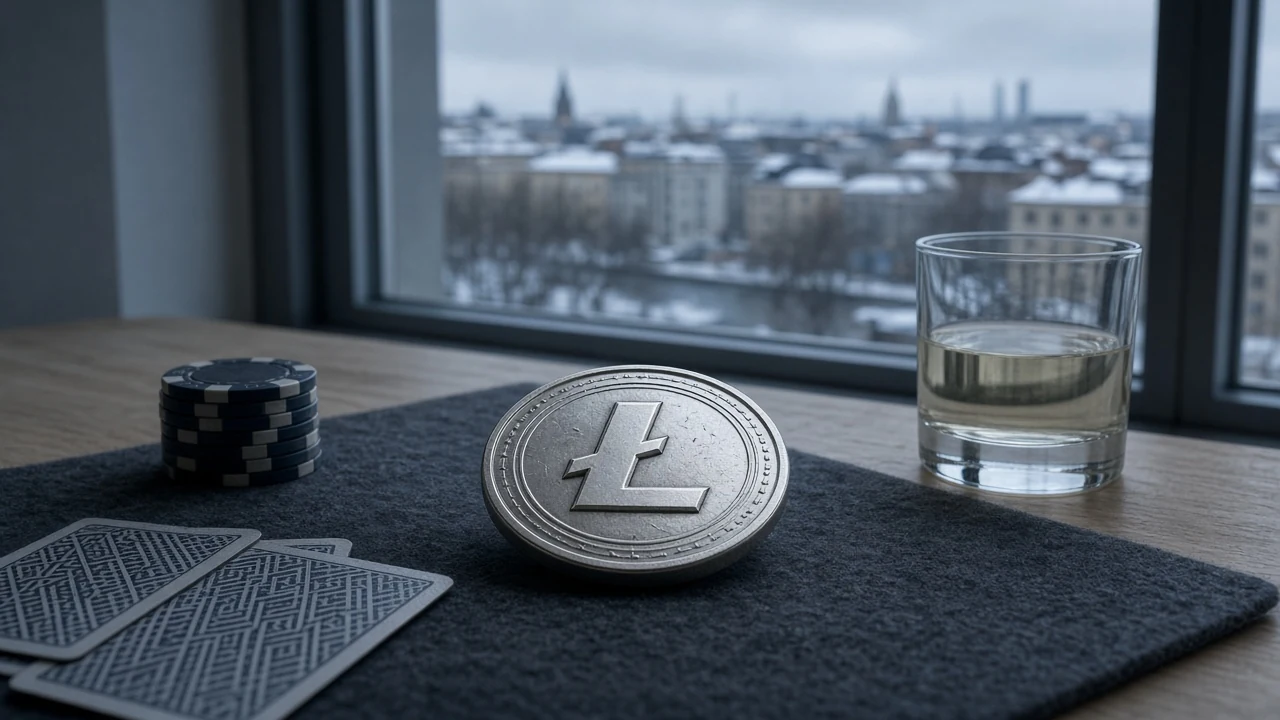 Metallisk Litecoin-mynt på casinofilt med marker och spelkort i skandinavisk interiör