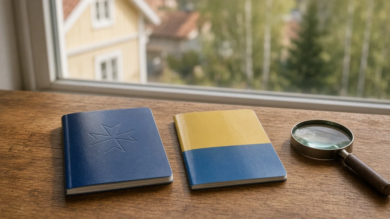 Två licenshandlingar från Malta och Sverige på ett skrivbord med förstoringsglas