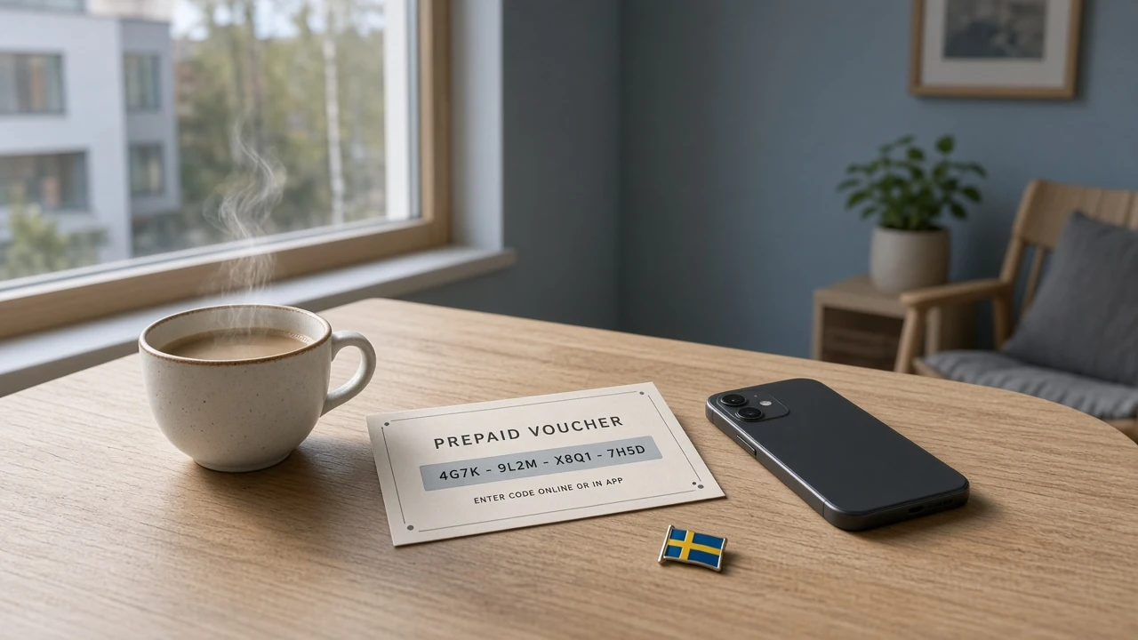 Minimalistiskt skandinaviskt rum med ett presentkort och en mobiltelefon på ett bord