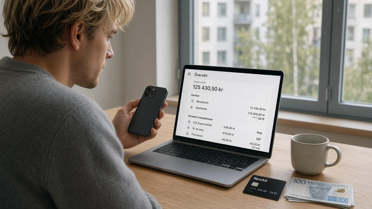 Svensk person med Revolut-kort och telefon vid skrivbord, redo för casinobetalning