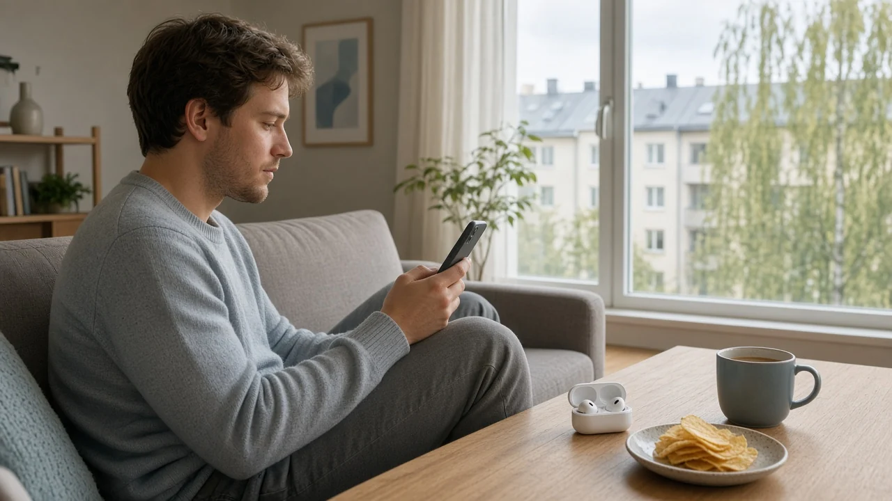 Svensk spelare använder mobilen för casinobetalning i modernt vardagsrum