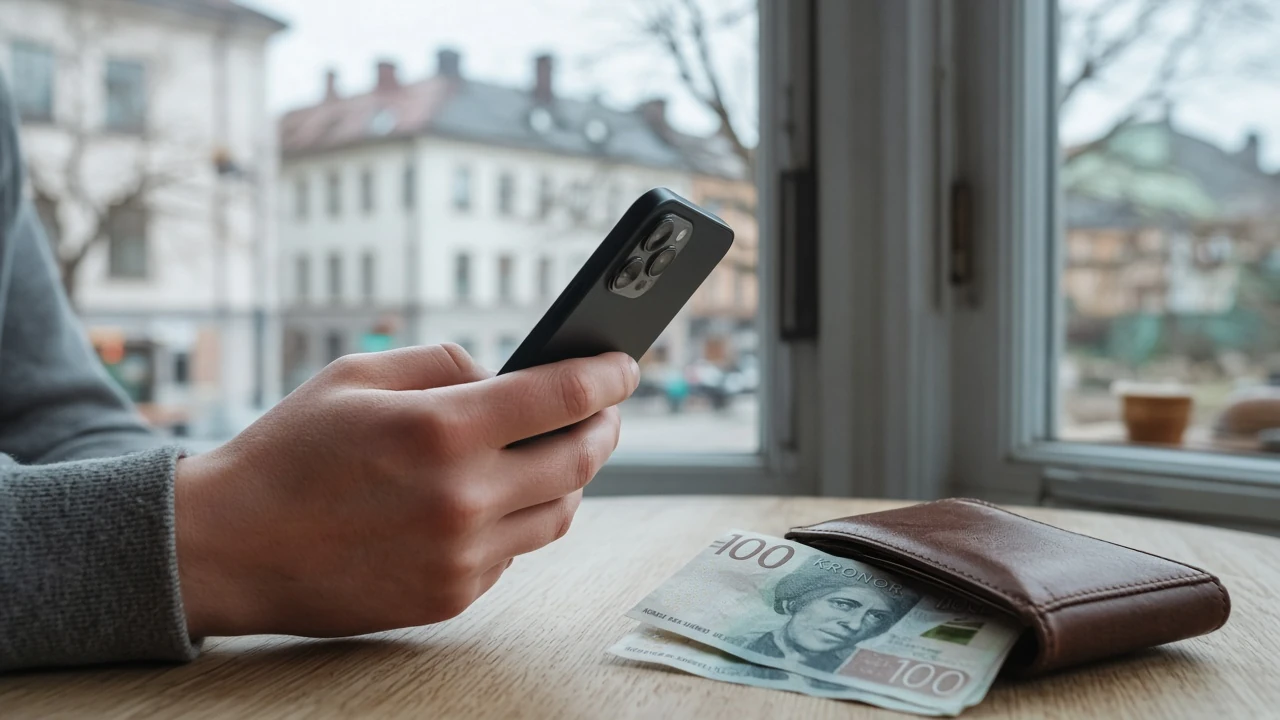 Svensk person med mobiltelefon nära kaféfönster i Stockholm