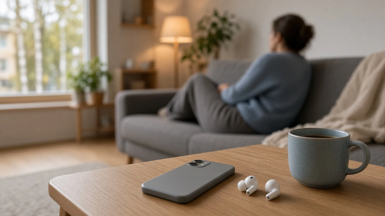 Modern svensk vardagsrum med smartphone och avslappnad hemmiljö