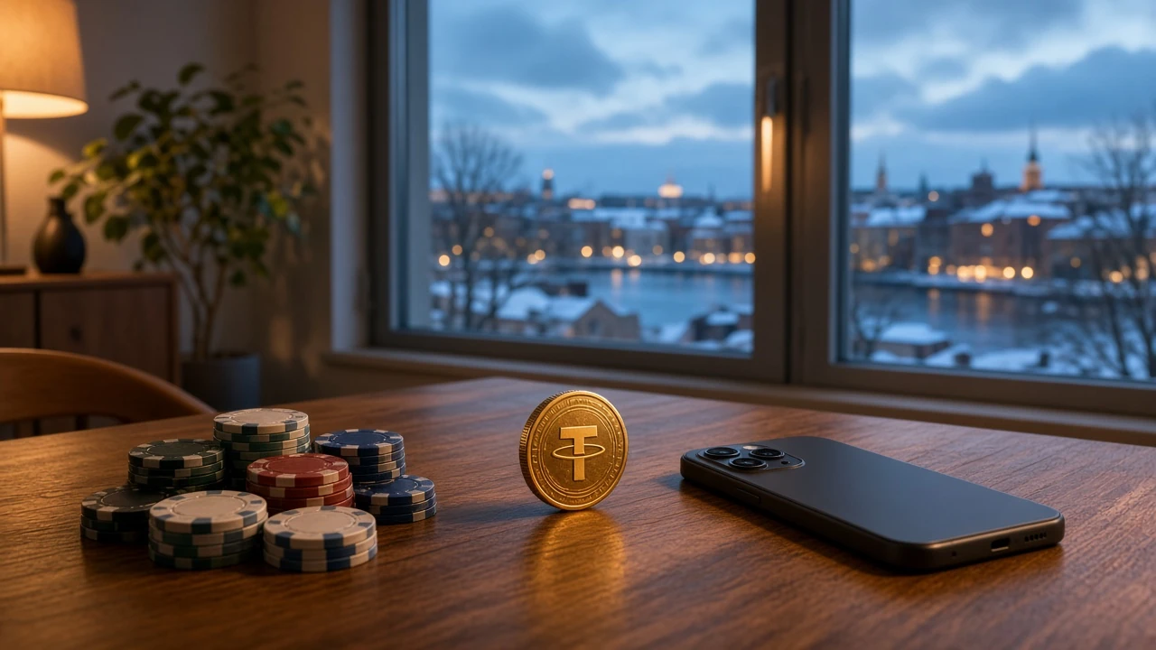 Skandinavisk vardagsrum med pokermarker och Tether-mynt vid fönster mot Stockholms siluett