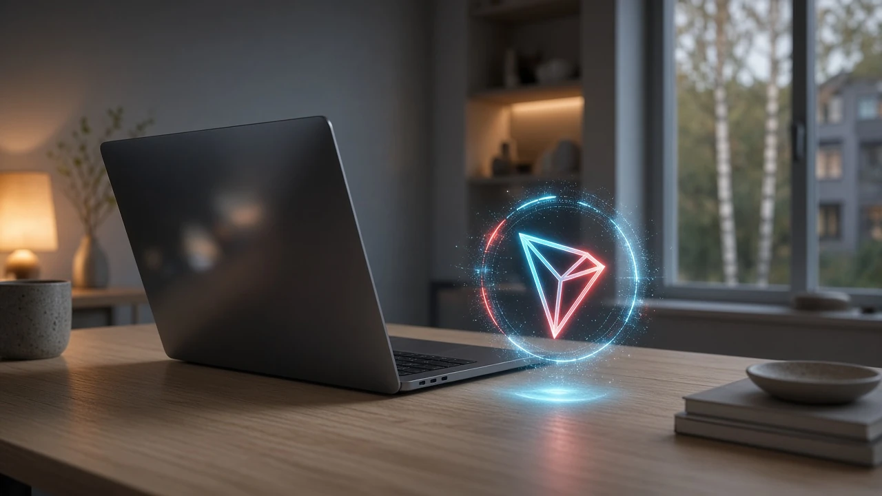 Modernt skrivbord med laptop och en lysande TRX-symbol i skandinavisk miljö
