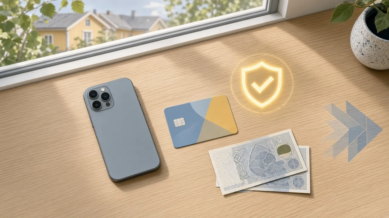 Smartphone med BankID-verifiering och svenska sedlar på skrivbord