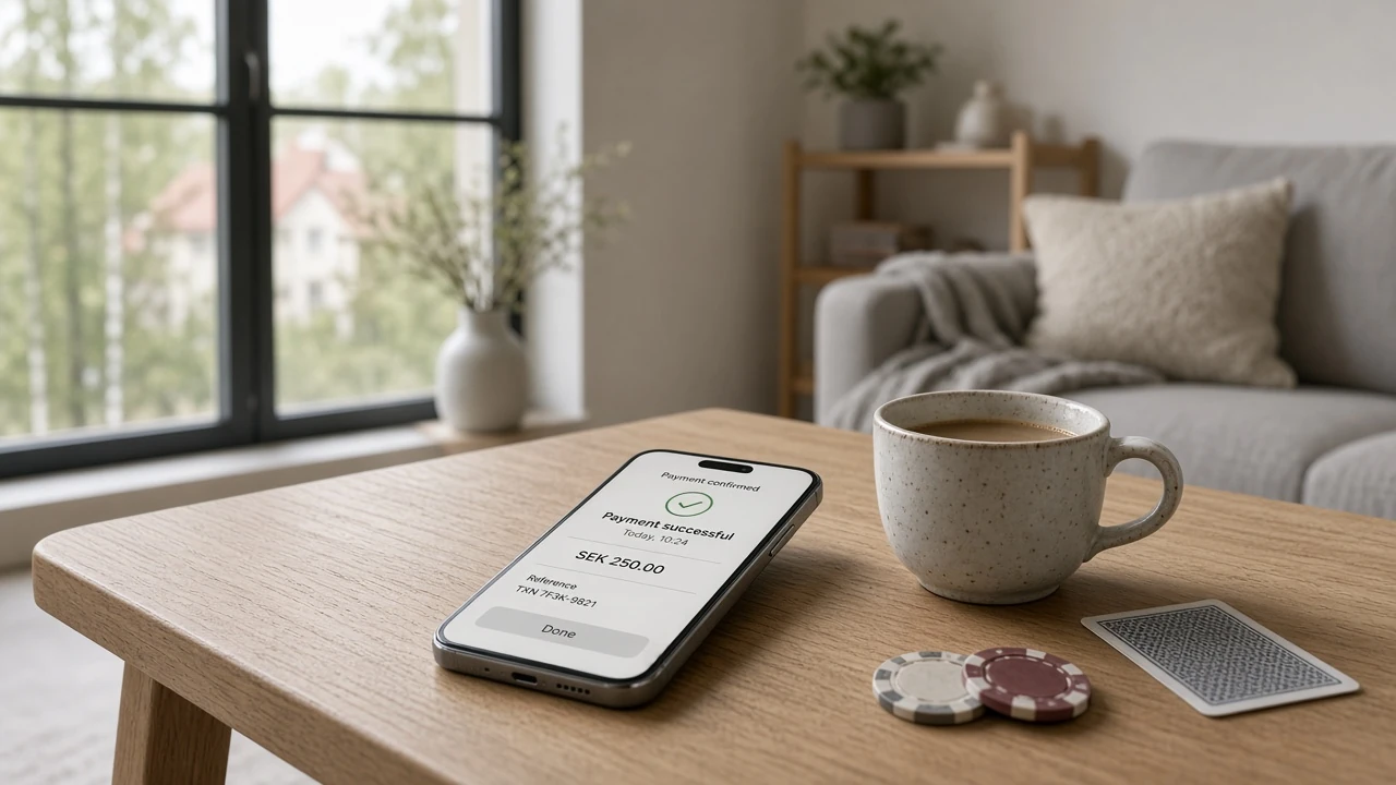 Smarttelefon på soffbord med betalning och casinomarker i svensk inredning