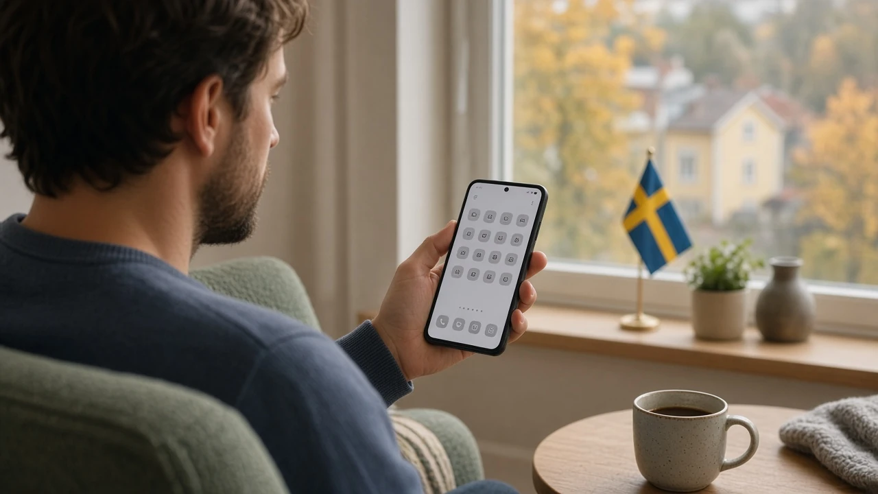 Person med Android-telefon i svenskt vardagsrum