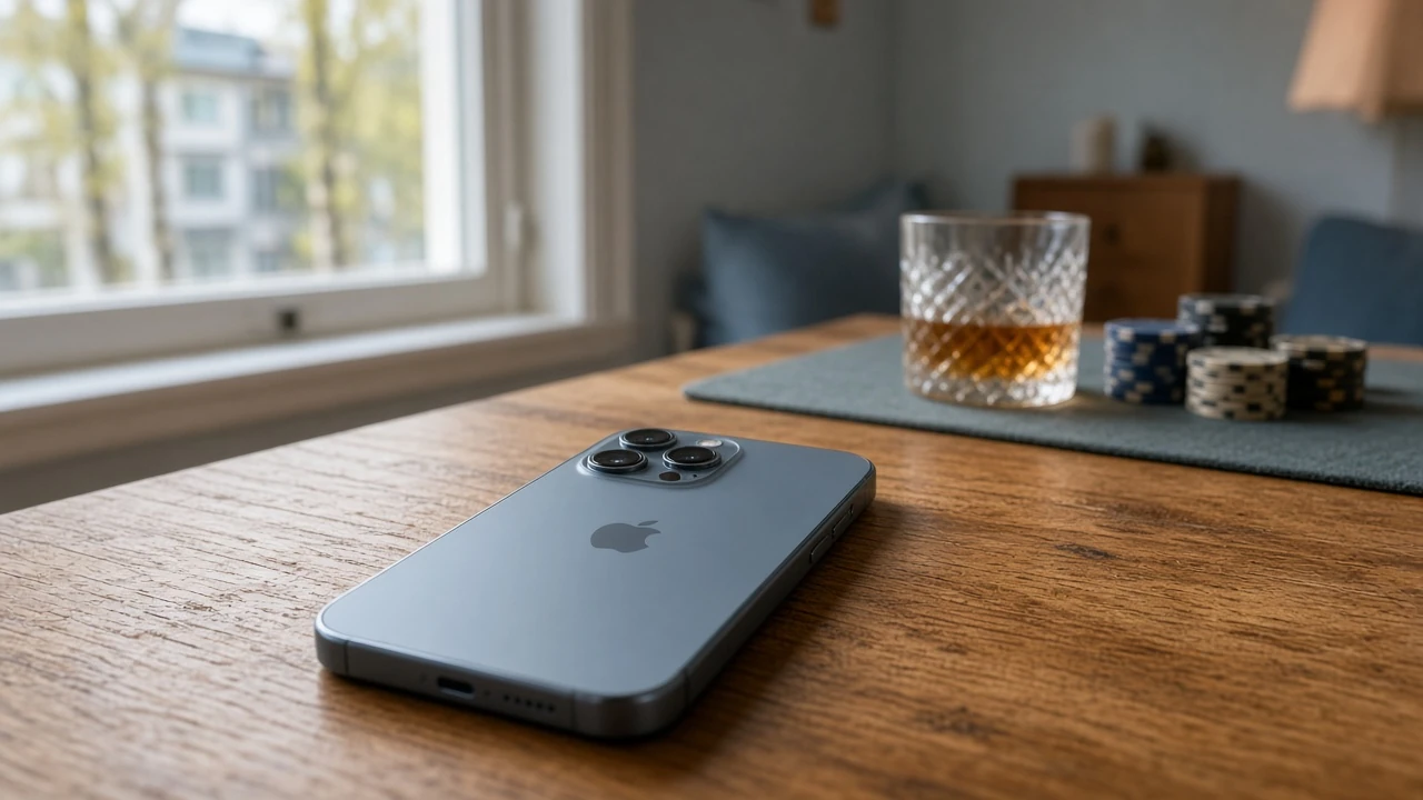 iPhone på ett bord i en modern svensk lägenhet med casinotema i bakgrunden