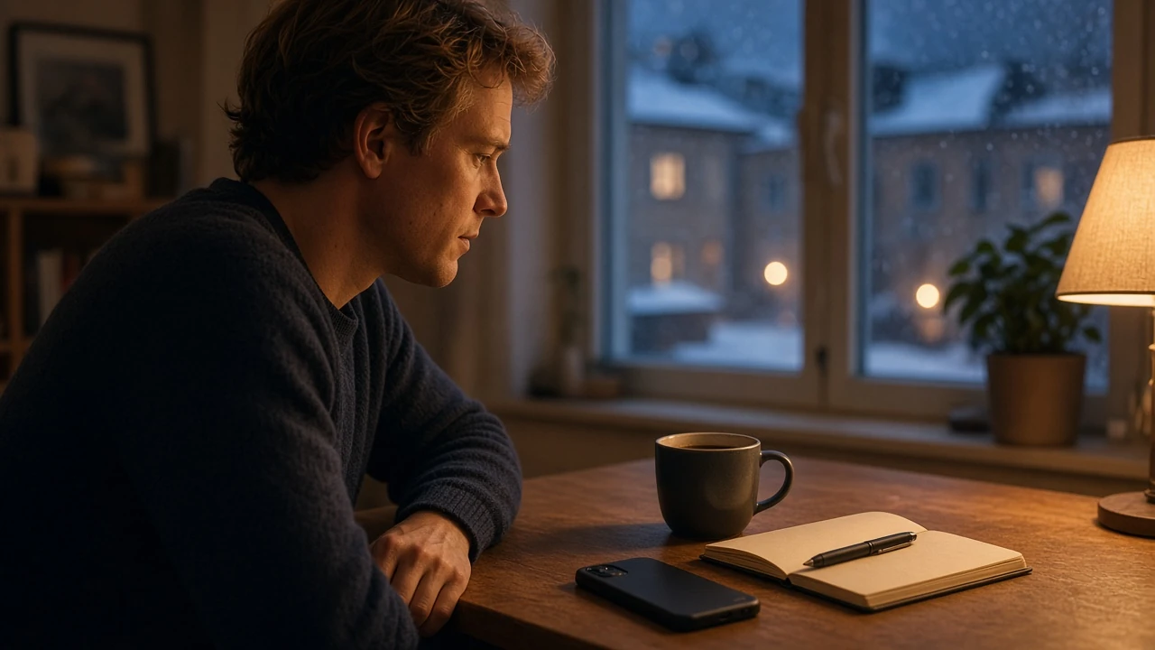 Svensk spelare vid skrivbord med telefon nedåtvänd och kaffekopp
