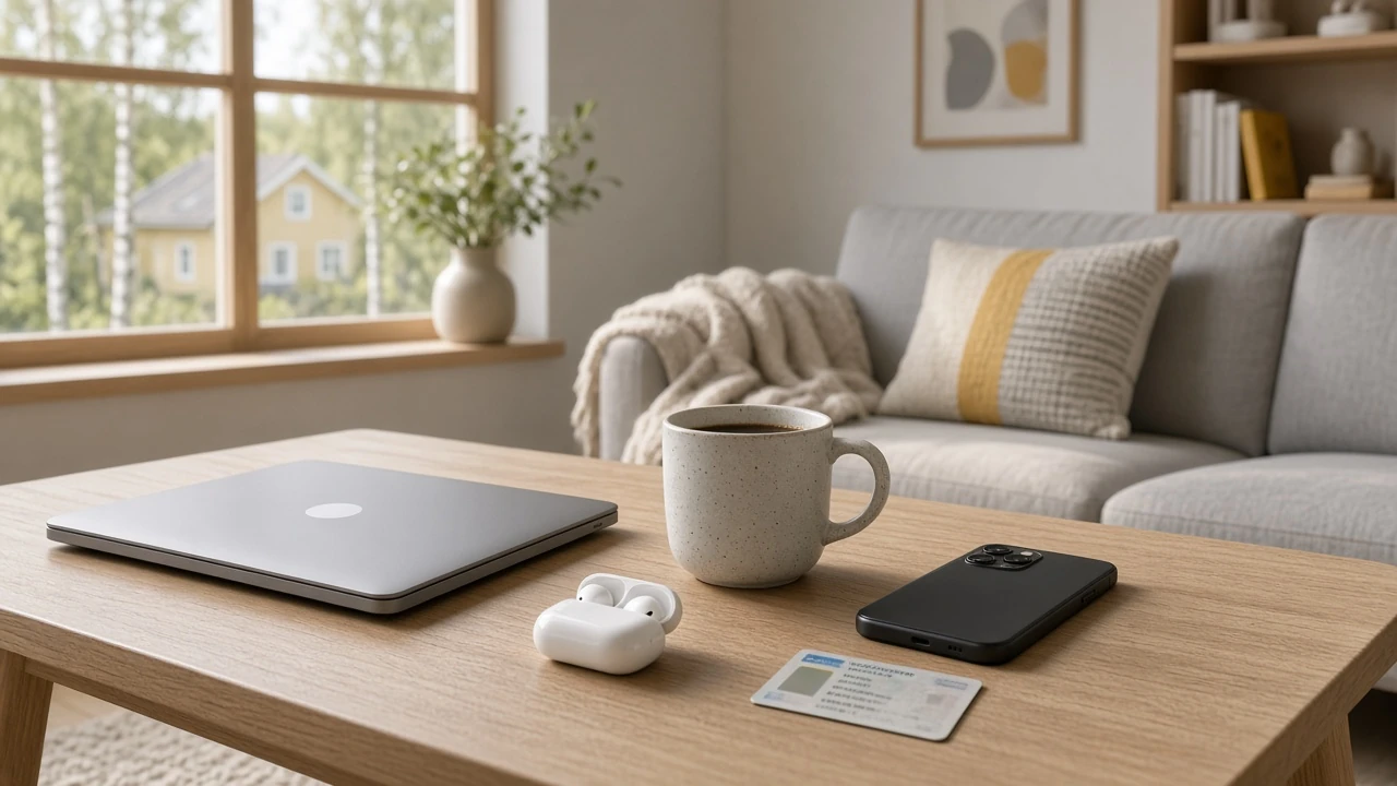Minimalistisk svensk vardagsrum med stängd laptop och svenskt ID-kort på bordet