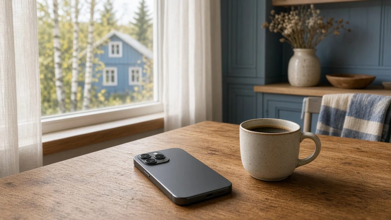 En avslappnad svensk hemmiljö med telefon och kaffe