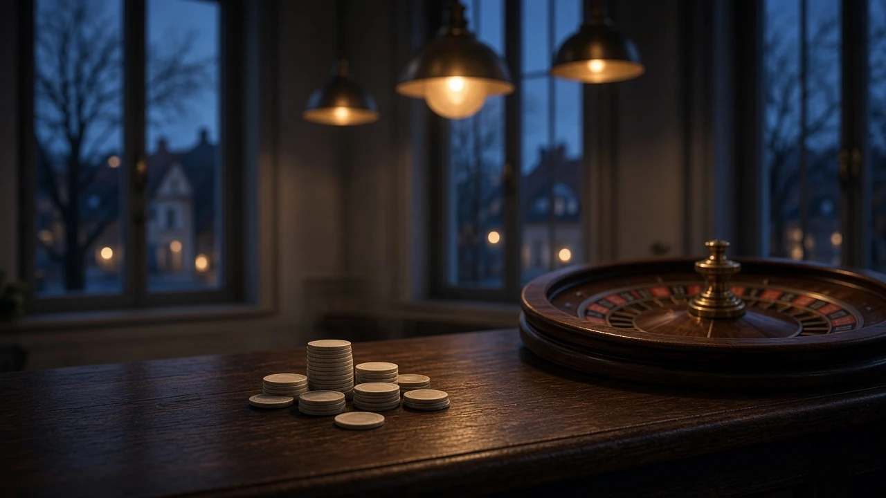 Mörkt casinobord med jetonger och roulette i blåtonat skandinaviskt kvällsljus