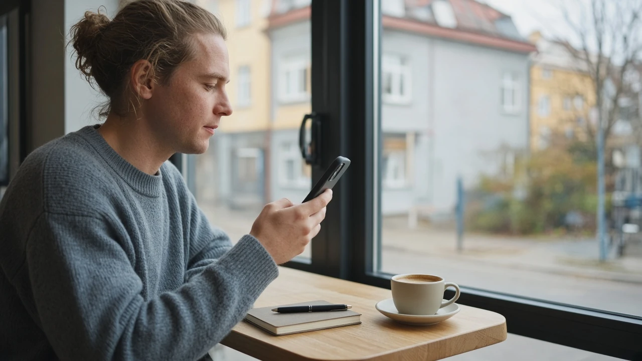 Person med smartphone vid kafébord som jämför mobilcasinon