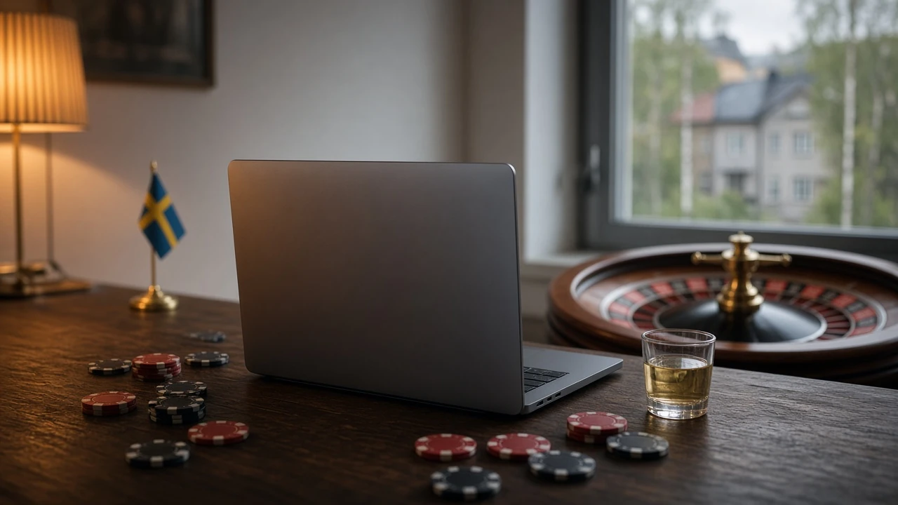 Modern laptop med casinokontorsmiljö och roulettehjul i bakgrunden