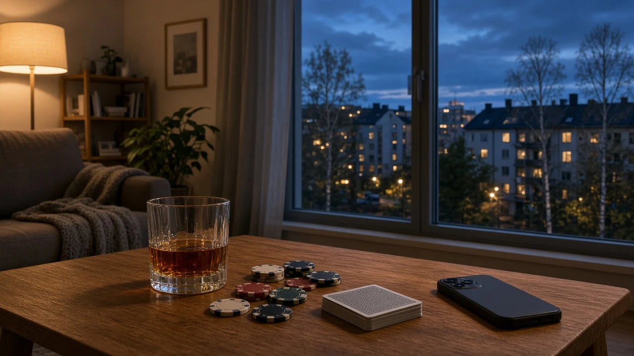 Svenskt vardagsrum med spelmark och kort vid svag belysning