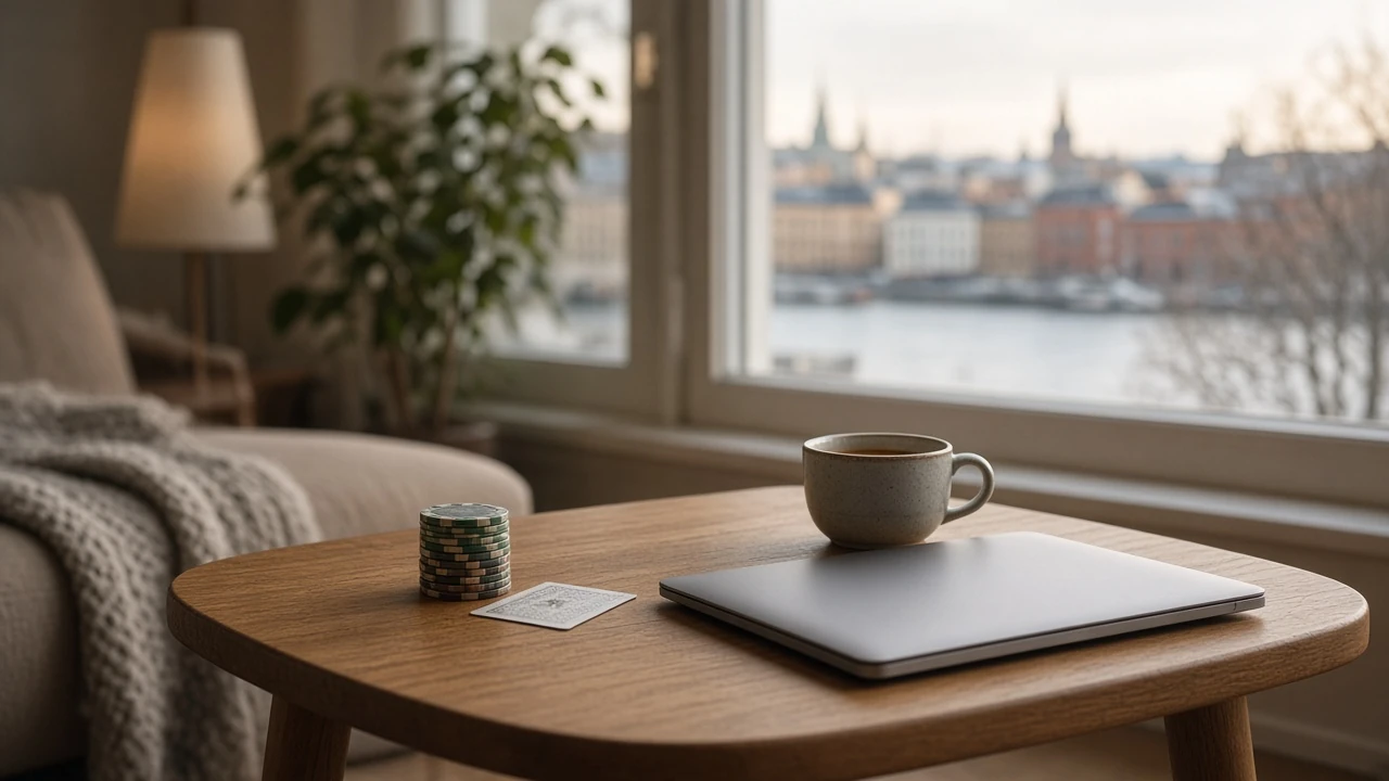 Modernt skandinaviskt vardagsrum med casinoleksaker på sidobordet och stängd laptop