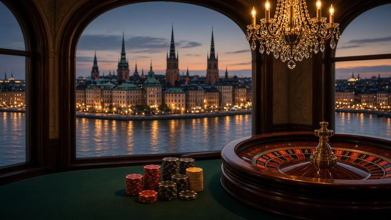 Stockholms vattenvy vid skymning med casinobord, jetonger och roulettehjul i förgrunden.