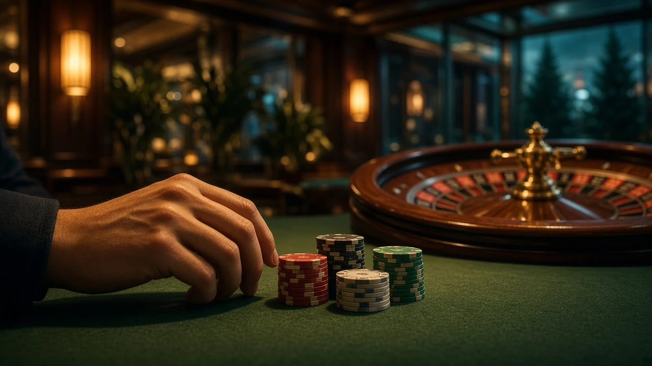 Stiliserat svenskt casinobord med färgglada marker och suddig roulette i bakgrundsbelysning